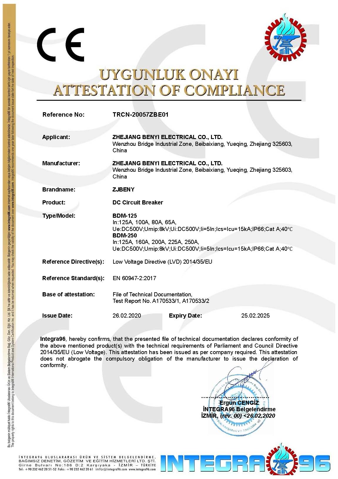 BDM CE Certificate TRCN 20057ZBE01